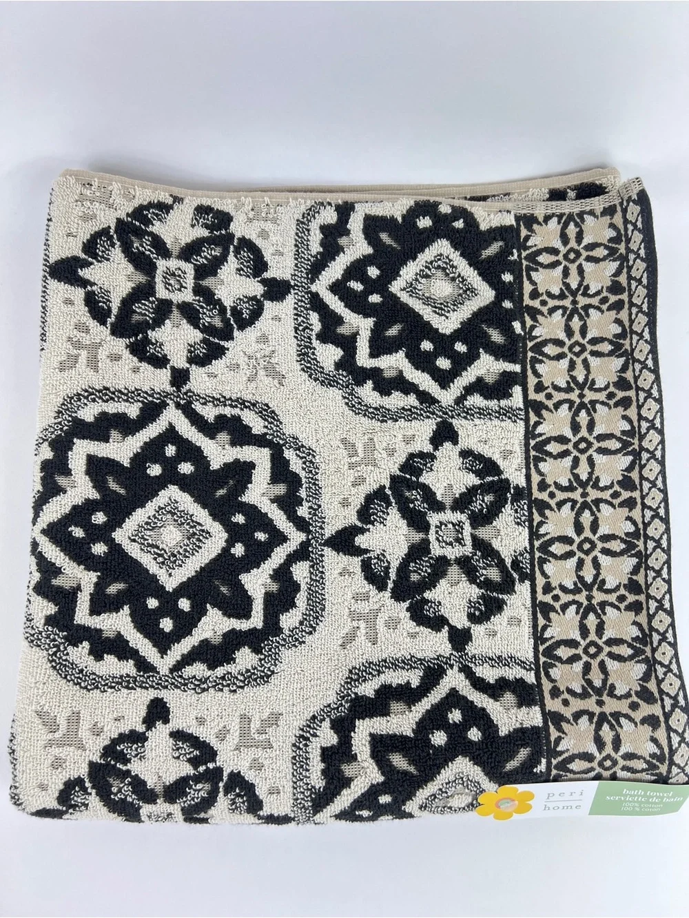 Peri Home Bath Towel Set Black Cream Floral Design 100% Cotton 3 Pc Set NEW